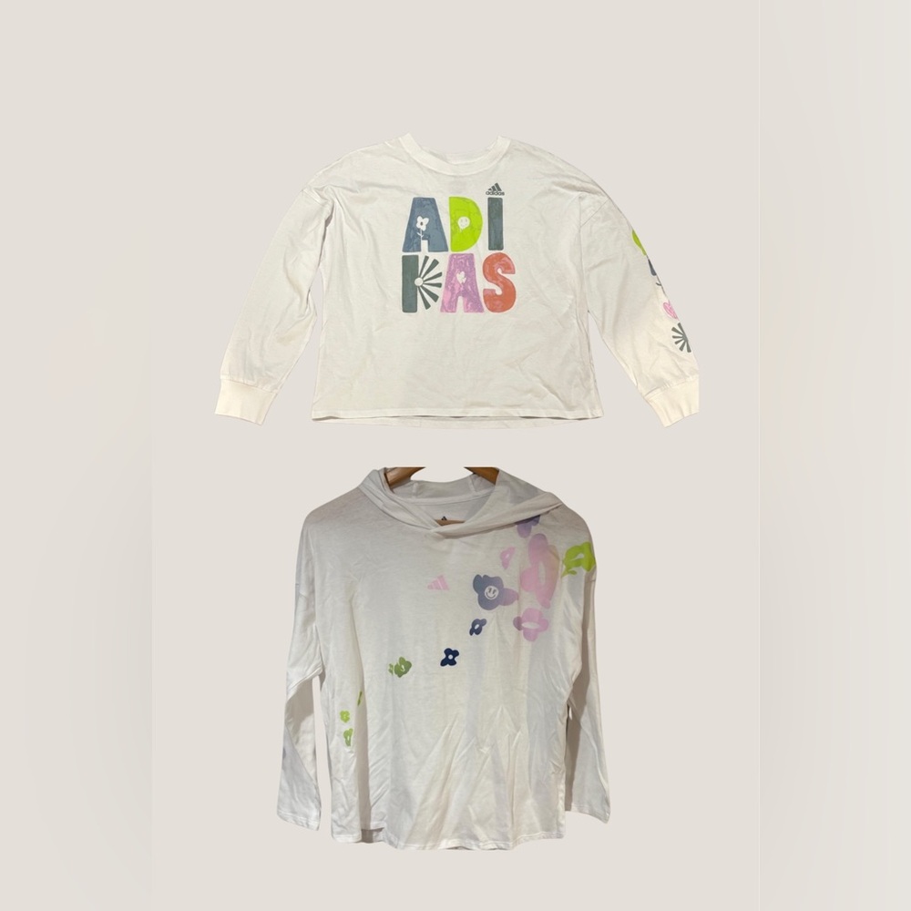 Adidas Kids Large Bundle: Floral Hoodie & Multicolor Graphic LS Tee (2 Items)